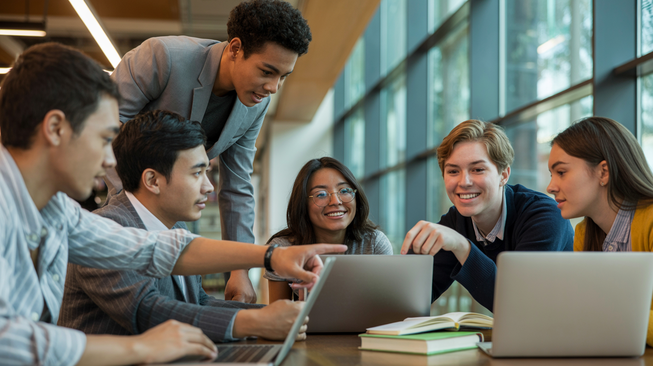Estudiantes universitarios colaborando en un entorno moderno