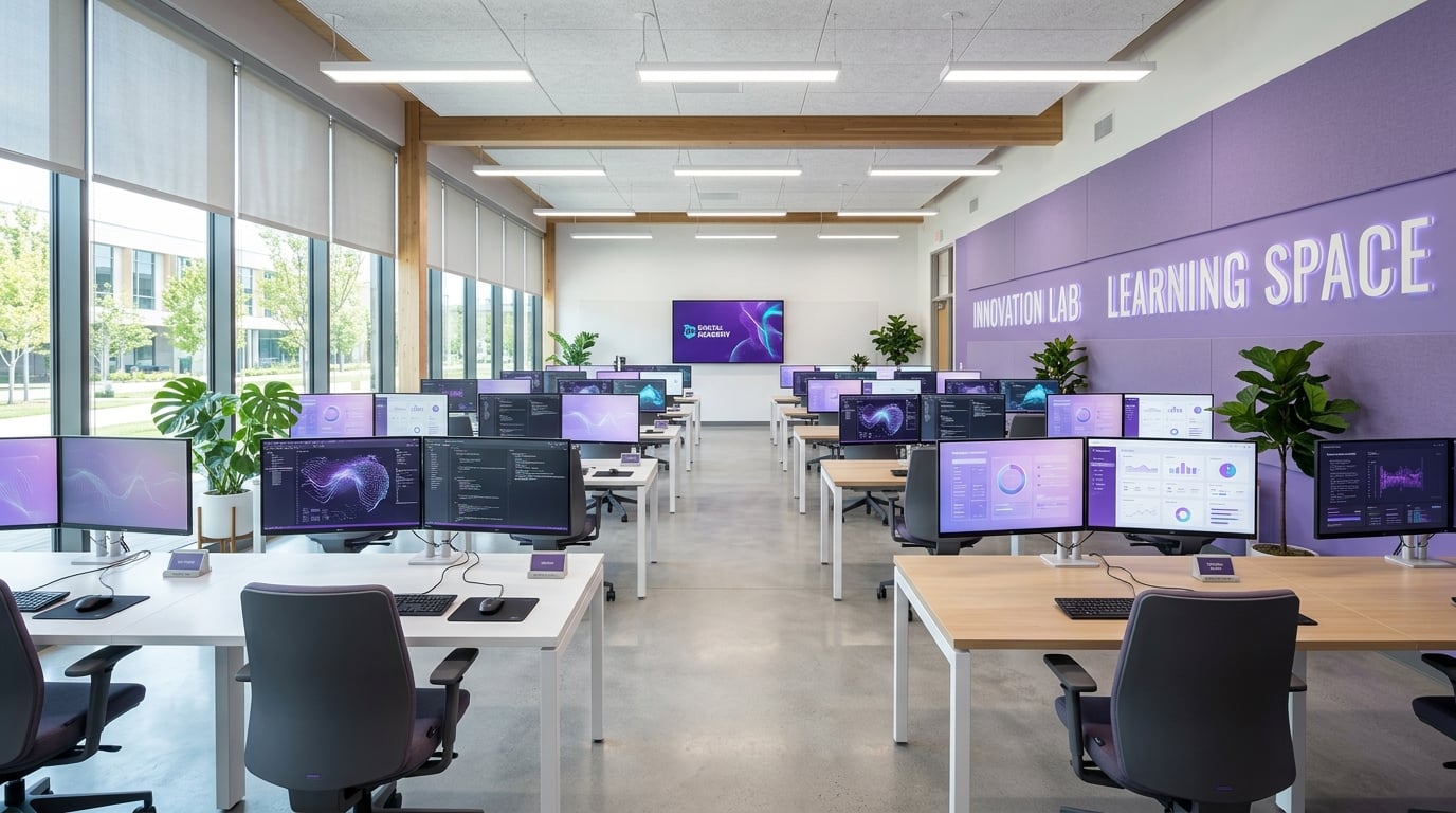 Espacio de trabajo tecnológico moderno con monitores y diseño minimalista